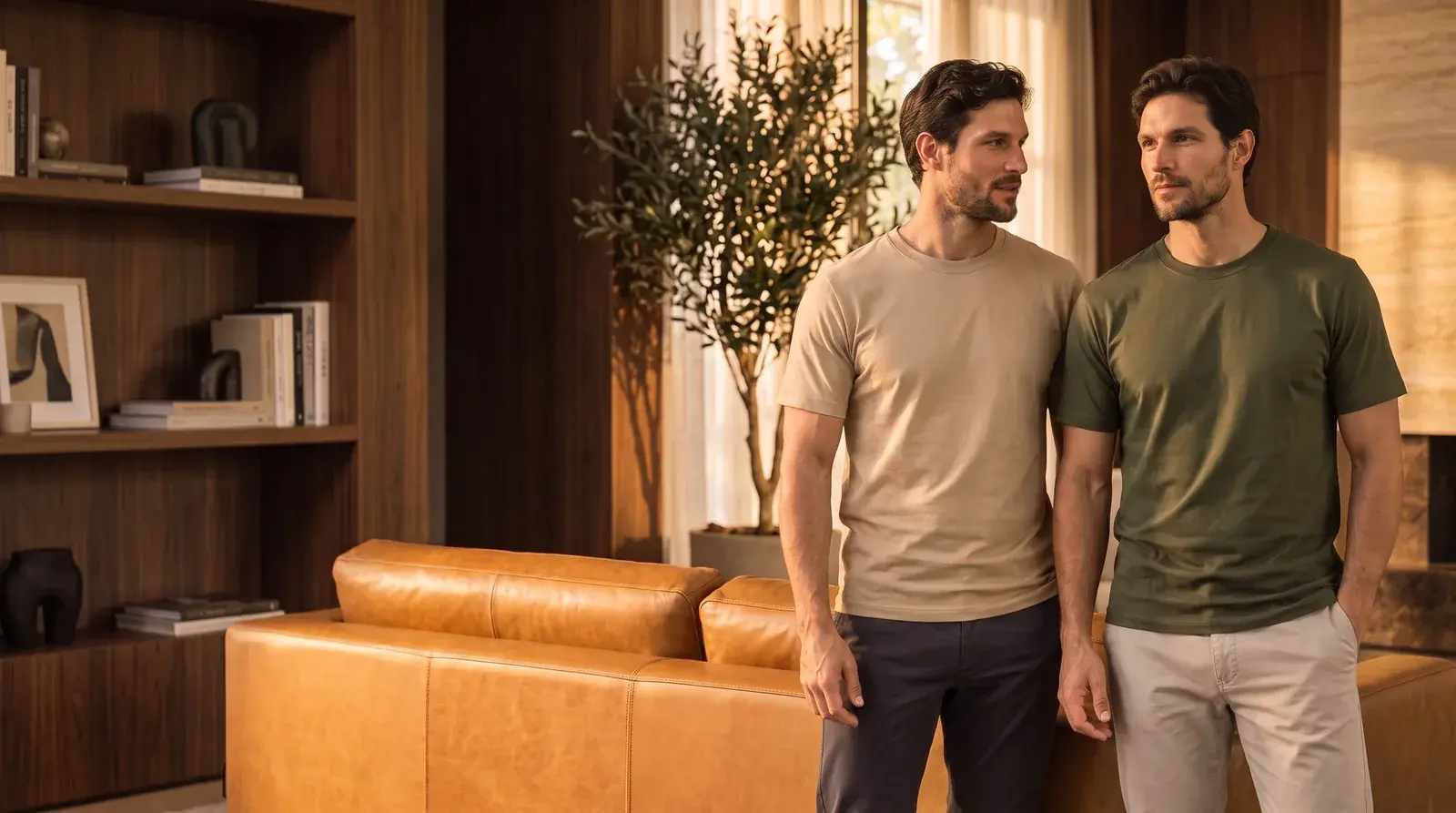 Dois homens vestindo camisetas gola baixa caqui e verde militar