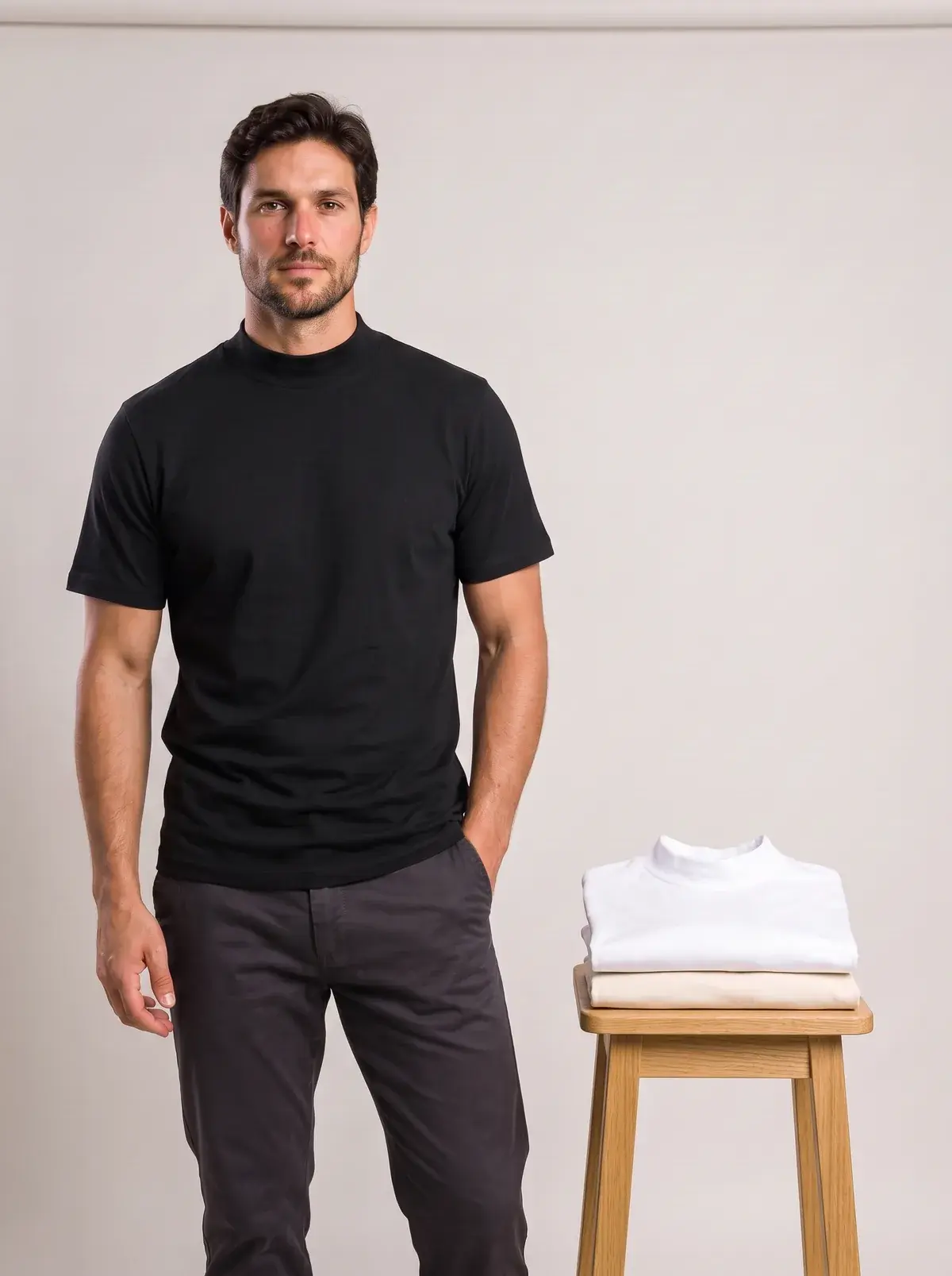 Kit 3 Camisetas Gola Alta, Kit 1: modelo vestindo preta, com branca e off-white dobradas