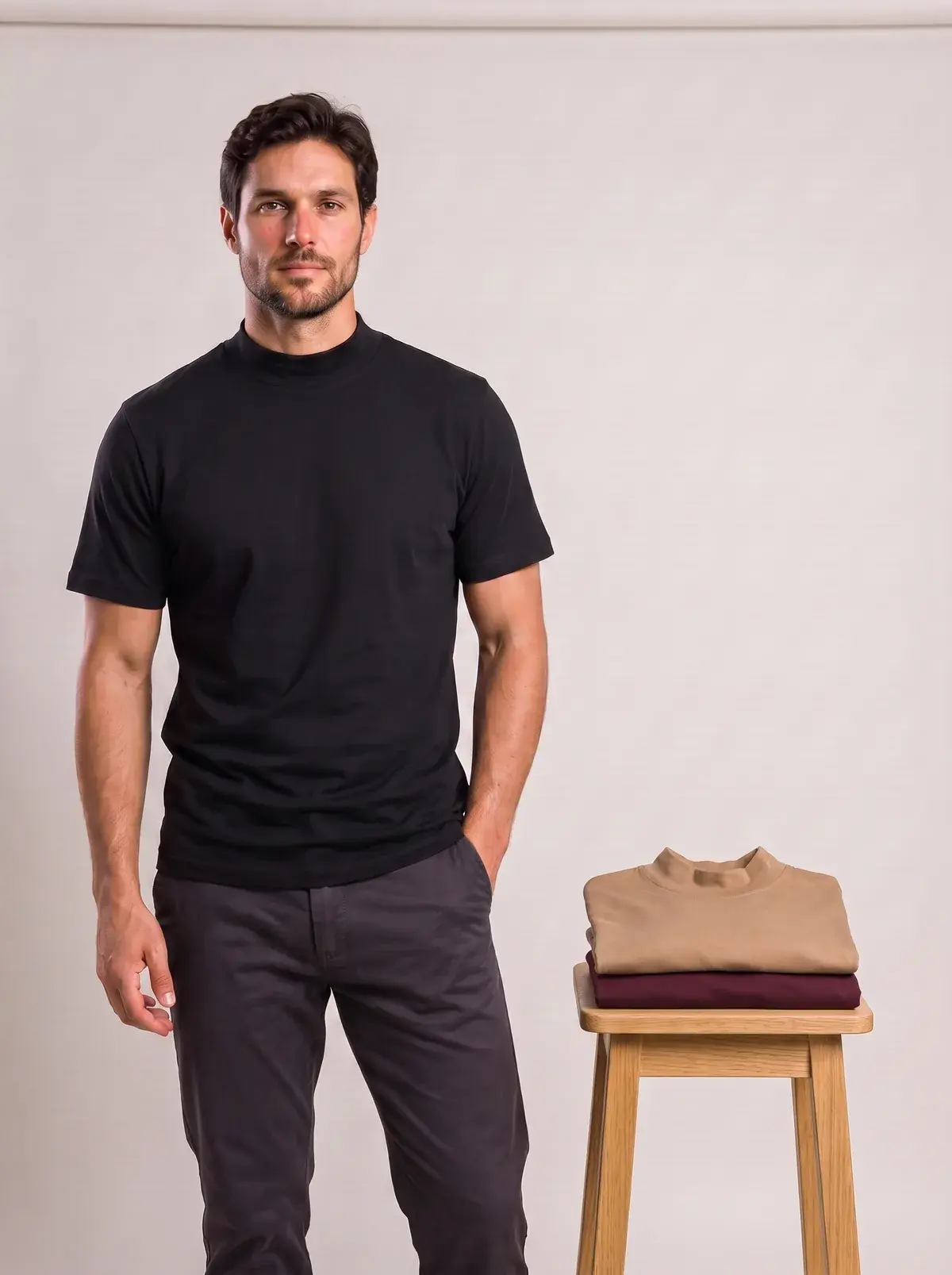 Kit 3 Camisetas Gola Alta, Kit 5: modelo vestindo preta, com canela e marsala dobradas