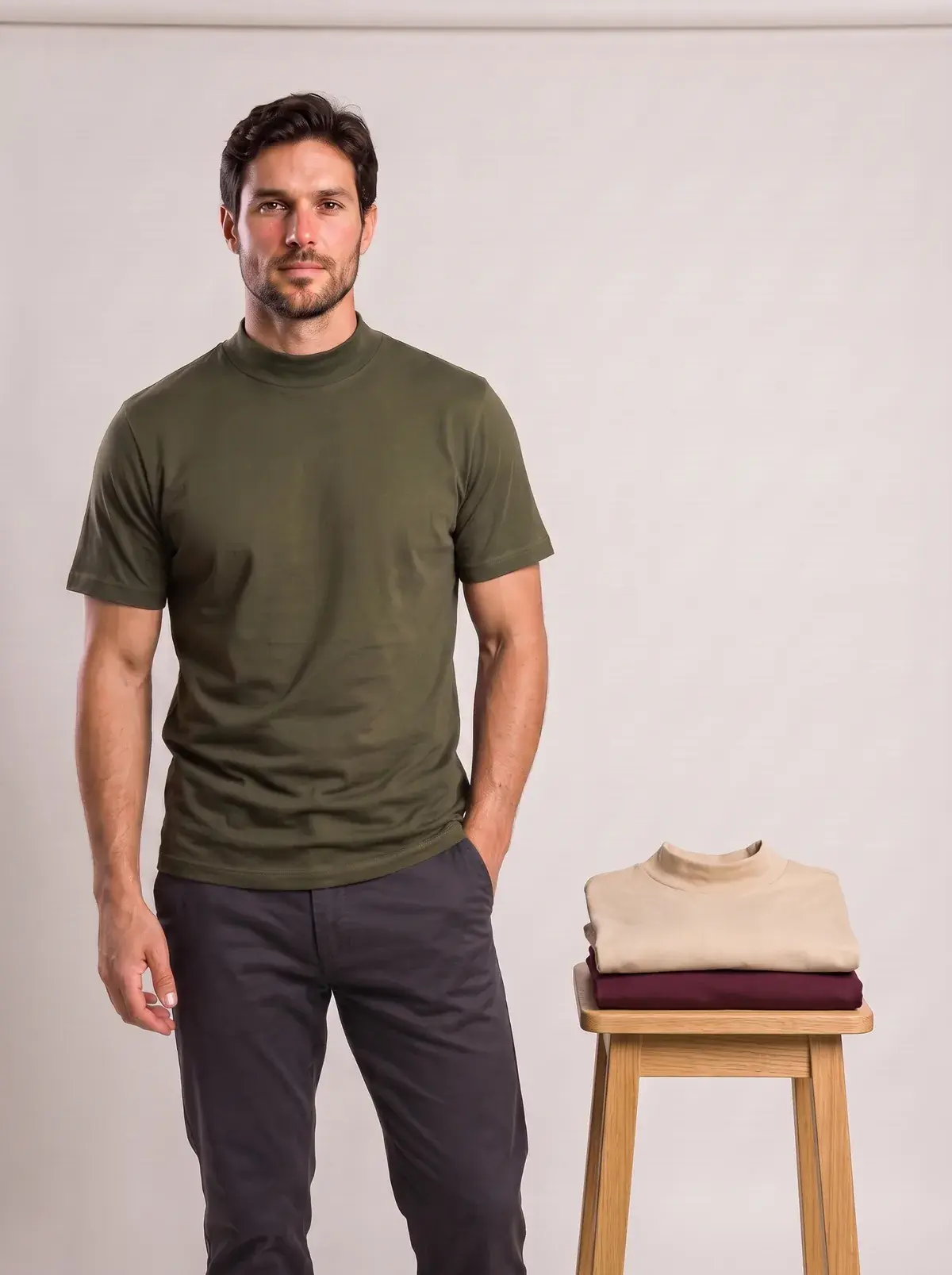 Kit 3 Camisetas Gola Alta, Kit 6: modelo vestindo verde militar, com caqui e marsala dobradas