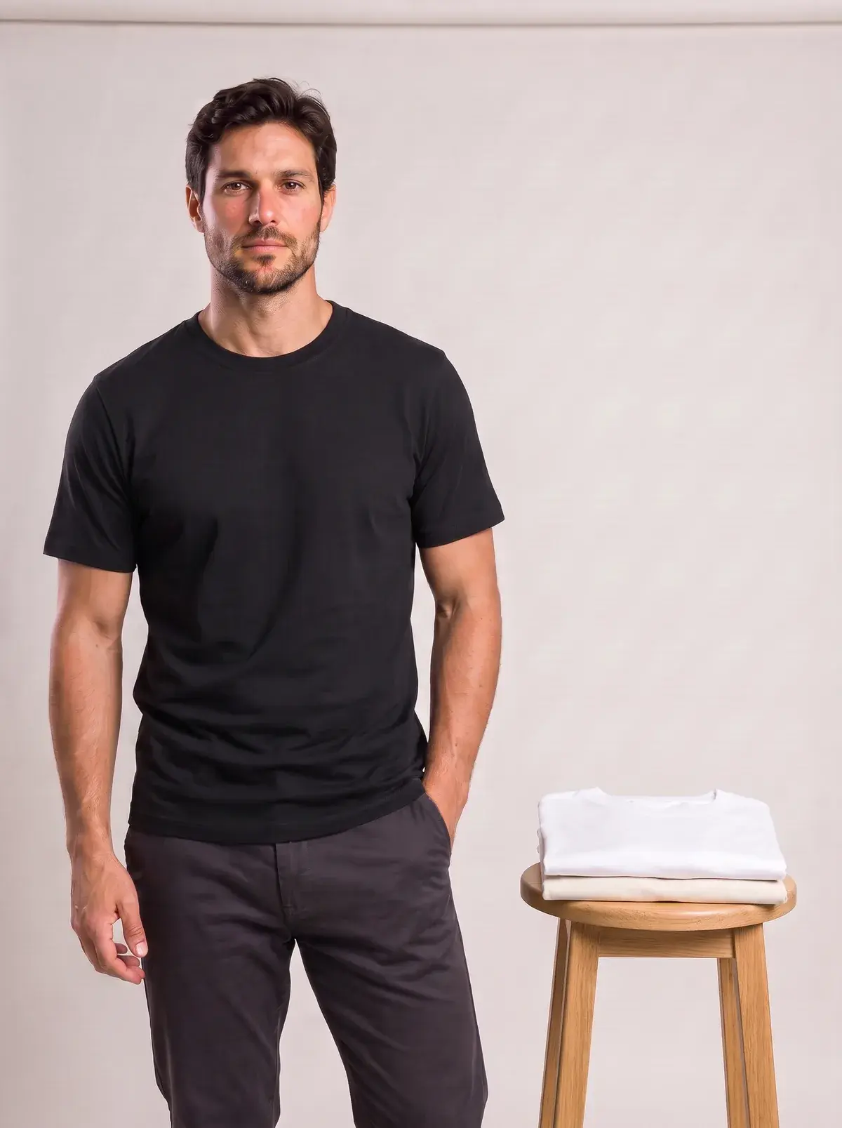 Kit 3 Camisetas Gola Baixa, Kit 1: modelo vestindo preta, com branca e off-white dobradas