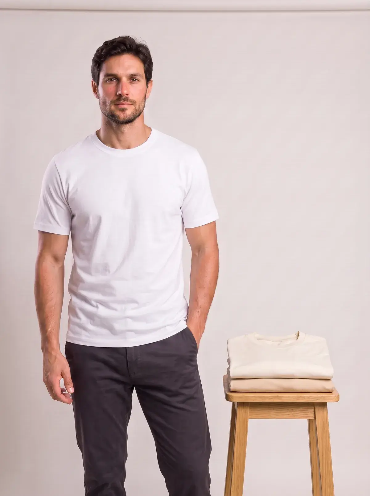 Kit 3 Camisetas Gola Baixa, Kit 2: modelo vestindo branca, com off-white e caqui dobradas