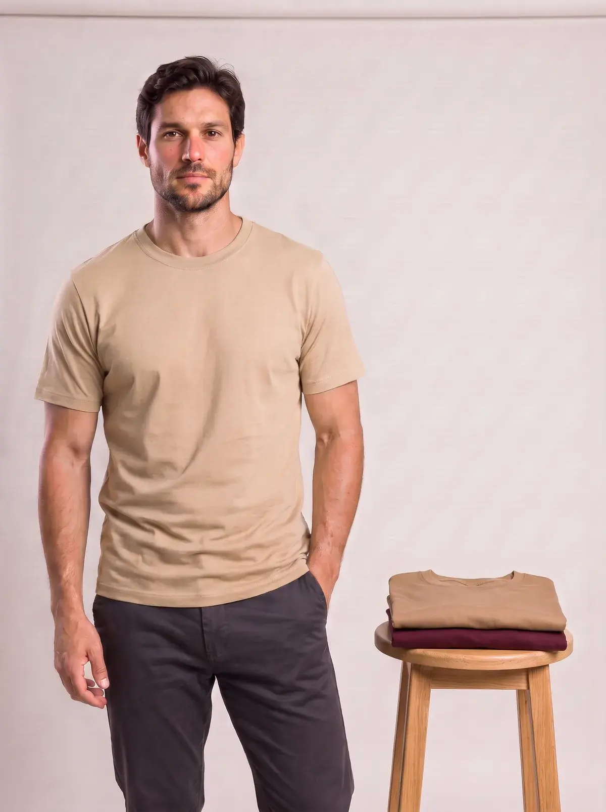 Kit 3 Camisetas Gola Baixa, Kit 3: modelo vestindo caqui, com canela e marsala dobradas
