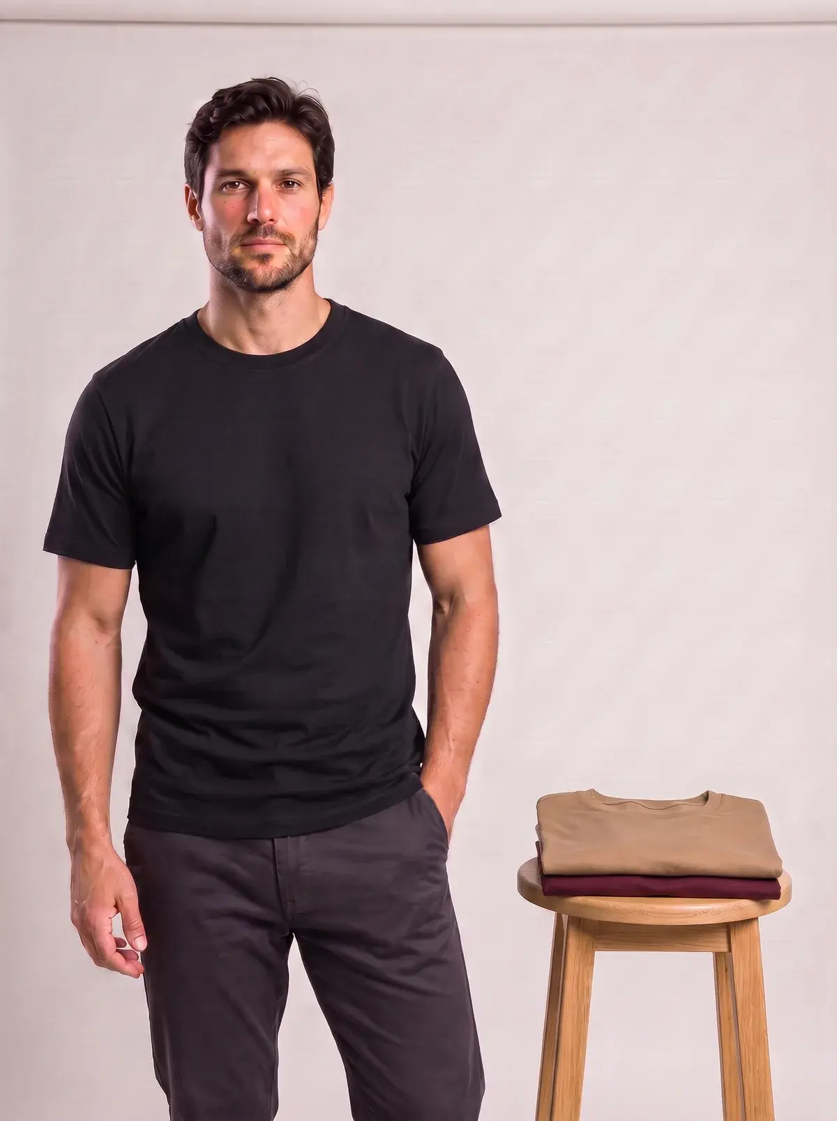 Kit 3 Camisetas Gola Baixa, Kit 5: modelo vestindo preta, com canela e marsala dobradas